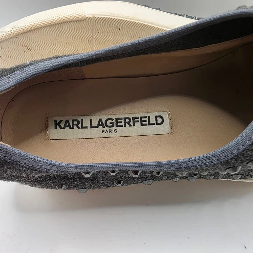 Karl Lagerfeld Paris Crystal Embellished Slip On Sneakers Black Patent Toe 8N